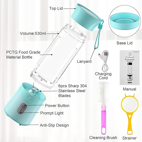 Miniatura 4 de COKUNST Licuadora portátil de 18 onzas, licuadora de tamaño personal recargable por USB, licuadora de batidos con 6 cuchillas para proteínas