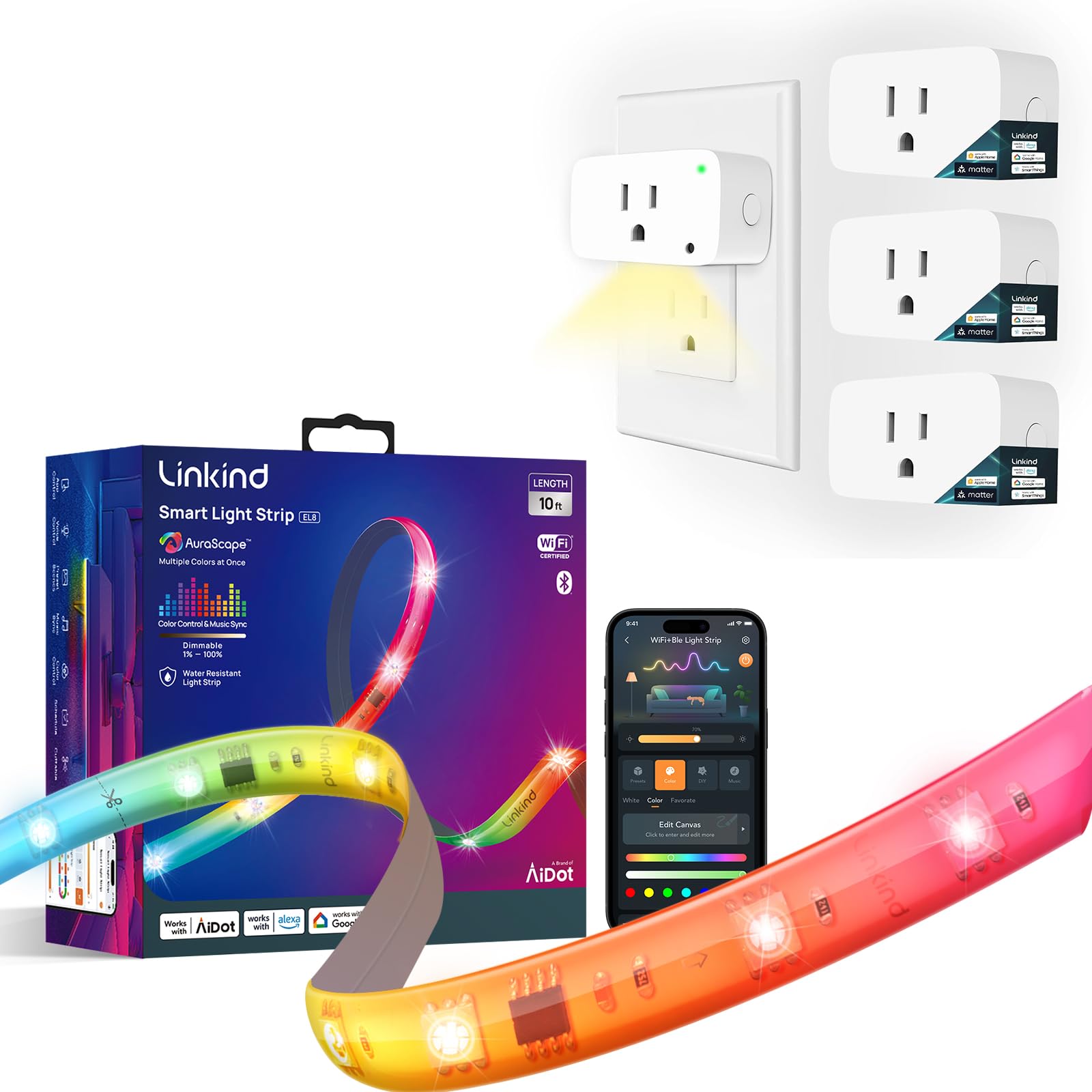 Linkind Matter Smart Plug with LED Night Light and LED Strip Lights RGB 10ft Compatible with Alexa and