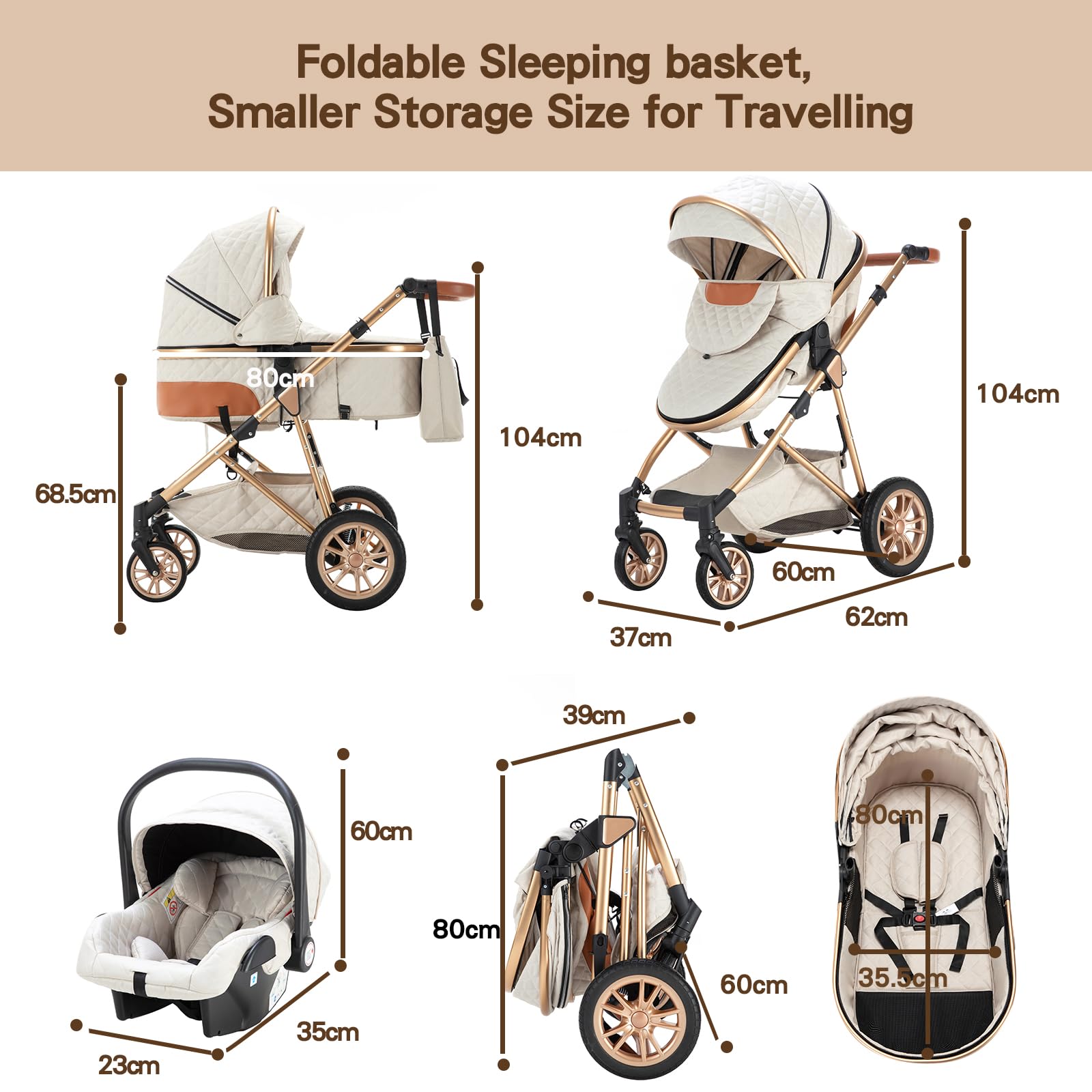 Poussette 3 en 1 Citadine avec Siège Auto, Poignée Réglable, Cadre Haut, Compacte 0-36kg