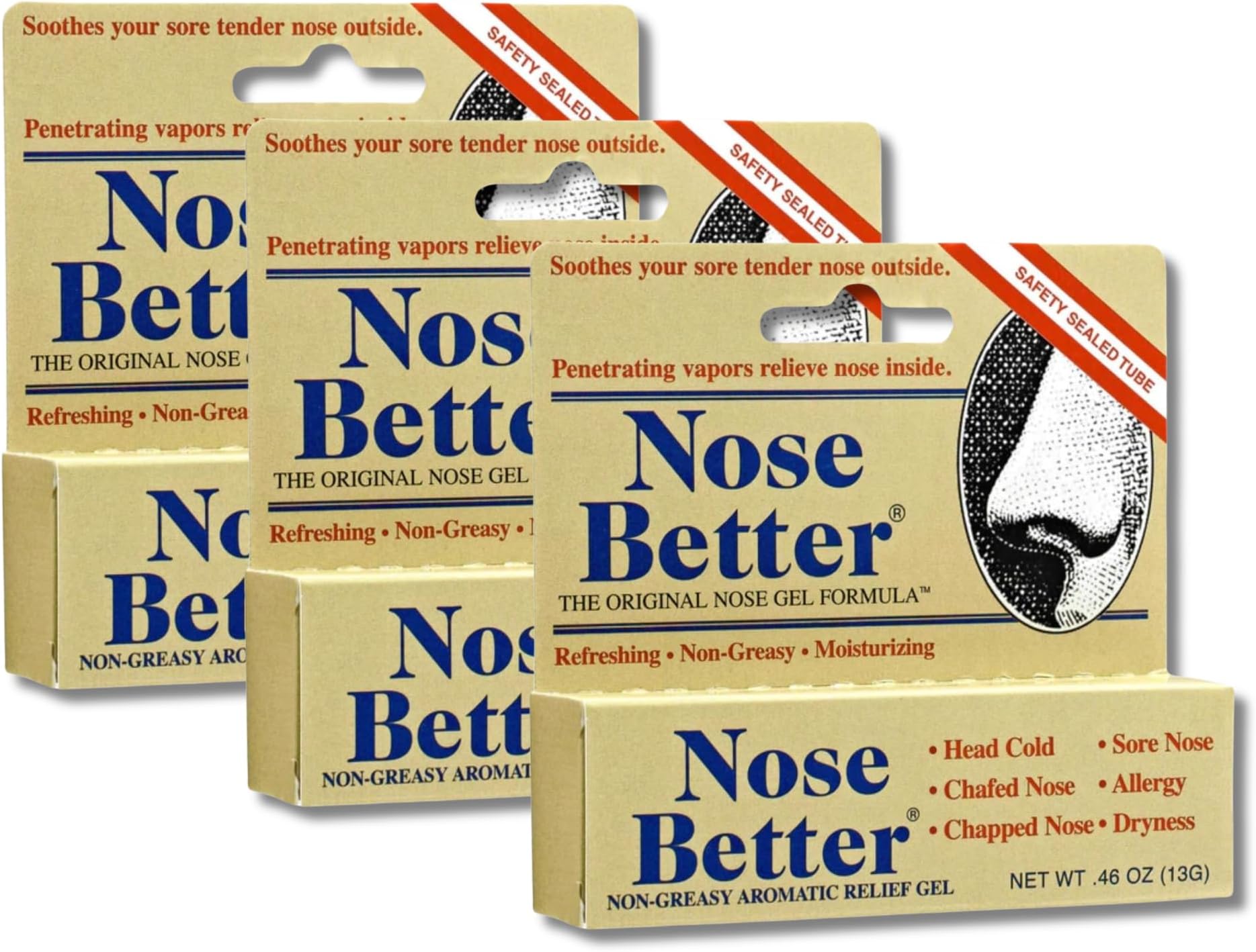 NOSE BETTER Nasal Gel Ointment – Original Non Greasy Nose Gel Formula – Nasal Gel That Moisturizes Dry Nose, Tender Skin, Nostrils and Nasal Passages (.46oz) Pack of 3