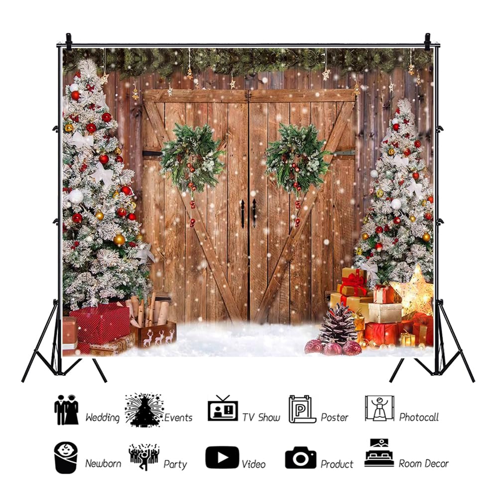 3,6 x 2,5 m Natale Porta del fienile Sfondo Albero di Natale Innevato Corona Scatola Regalo Scena di Neve Sfondo per Decorazione Festa di Vacanza in Famiglia Accessori Studio Foto