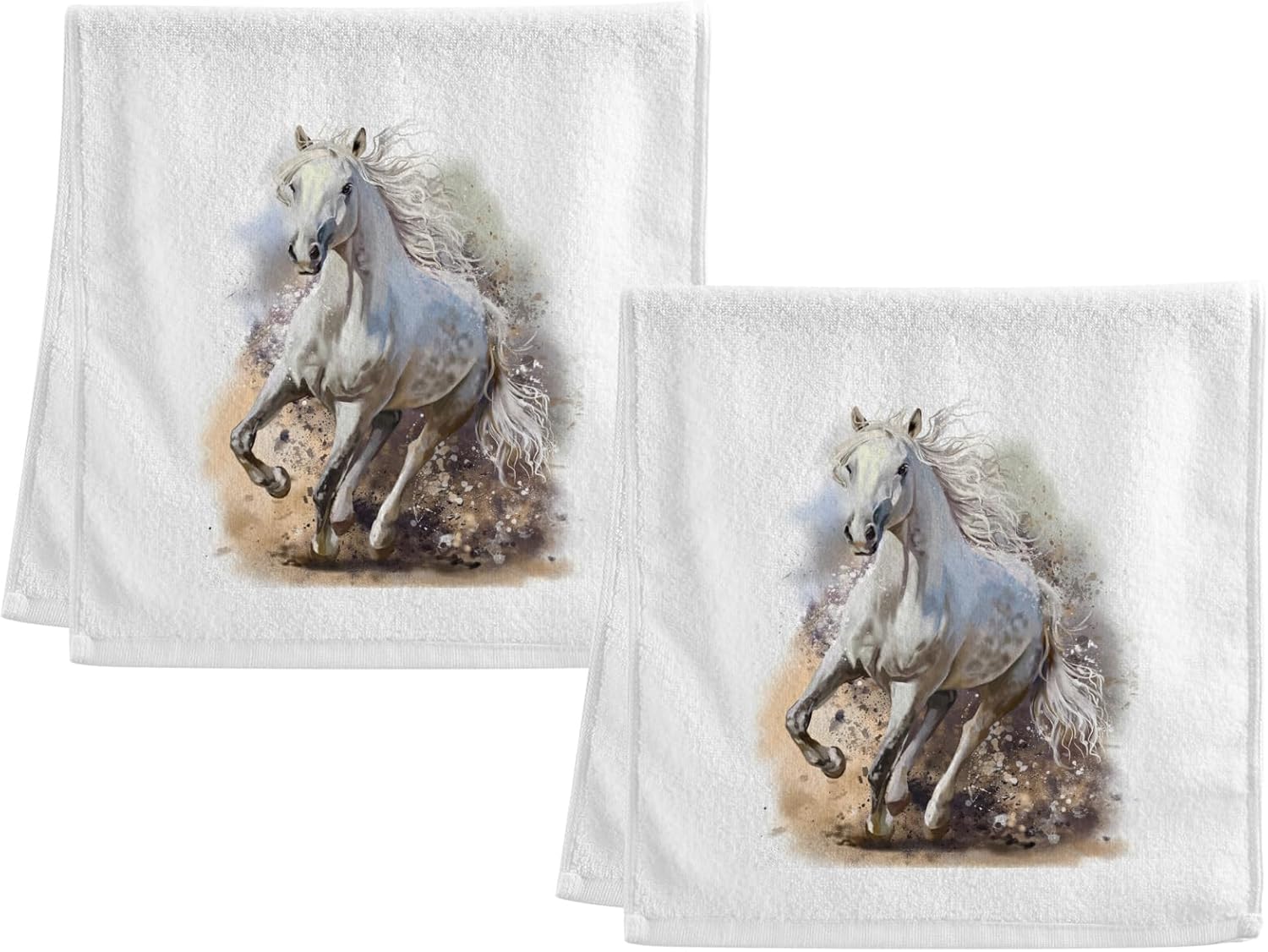 Soft Cotton Face Wash Towels Watercolor White Horse Gym Hand Towels for Working Out Bathroom Decorative Set of 2 for Guest Bathroom 16x30 Inches - Image 2