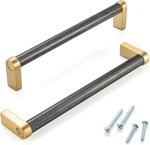 Miniatura 70 de Paquete de 5 tiradores de gabinete de 3–3/4 pulgadas estriado en negro y oro, manijas de gabinete mate en negro y oro cepillado AP1311, herrajes