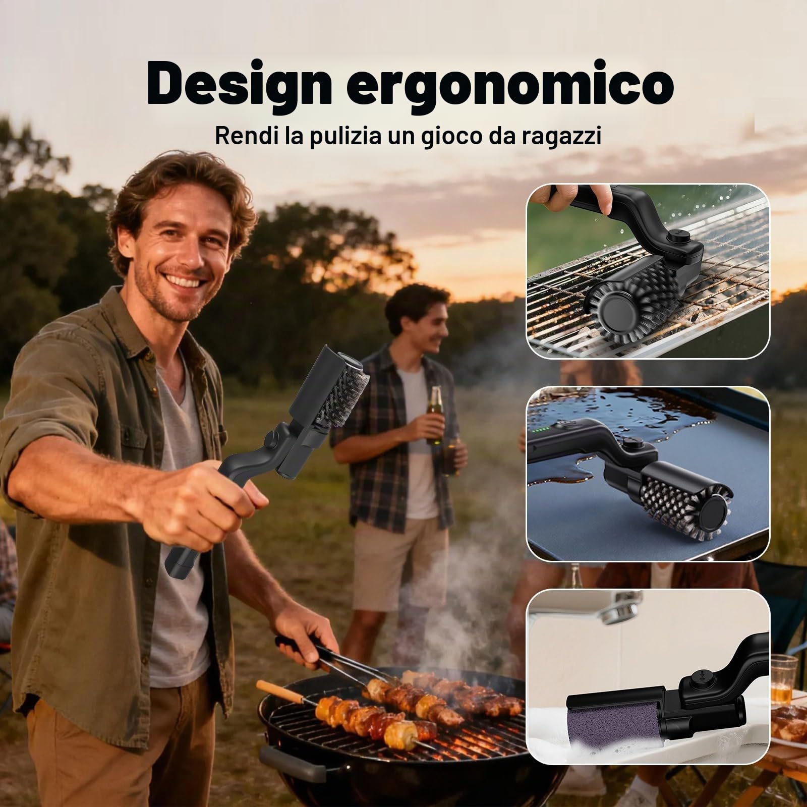 Spazzola Elettrica per Barbecue con Braccio a 180°, 2 Testine, Ricaricabile Senza Fili – Pulisce Griglia Bbq Elettrico con Paraspruzzi – Grill Brush Elettrico per Cucina e Barbecue