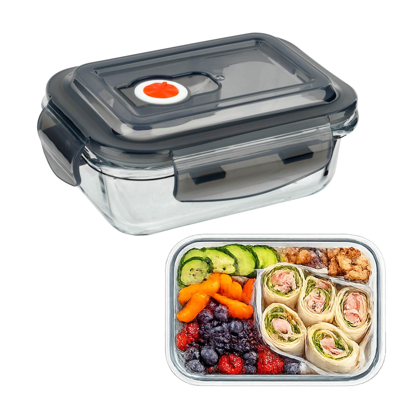 UHL Glass Meal Prep Containers with Lids, 380ml Airtight Glass Food Storage Container, Leak Proof Plastic Vented Lid, Bento Takeaway Lunch Boxes, Microwave / Oven / Freezer / Dishwasher Safe