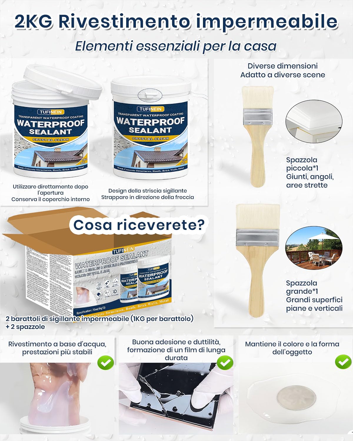 Sigillante Isolante Impermeabile, 2KG Trasparente Sigillante Impermeabile Liquido, Interno ed Esterno Colla Impermeabile, Impermeabilizzante Trasparente Guarnizione di Perdite
