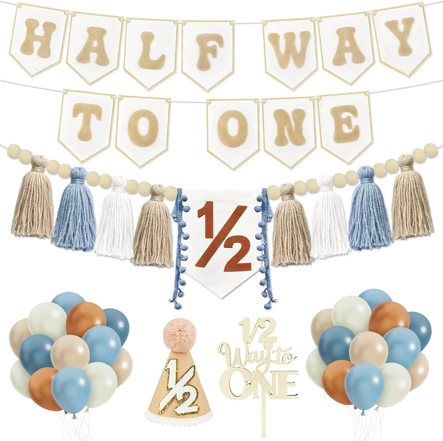1/2 Birthday Boy Half Birthday Decorations, Half Way To One High Chair Banner With Cone Hat Cake Topper Decorations, 1/2 Birthday Hat for Boys and Girls 6 Months Birthday Decorations Party Supplies