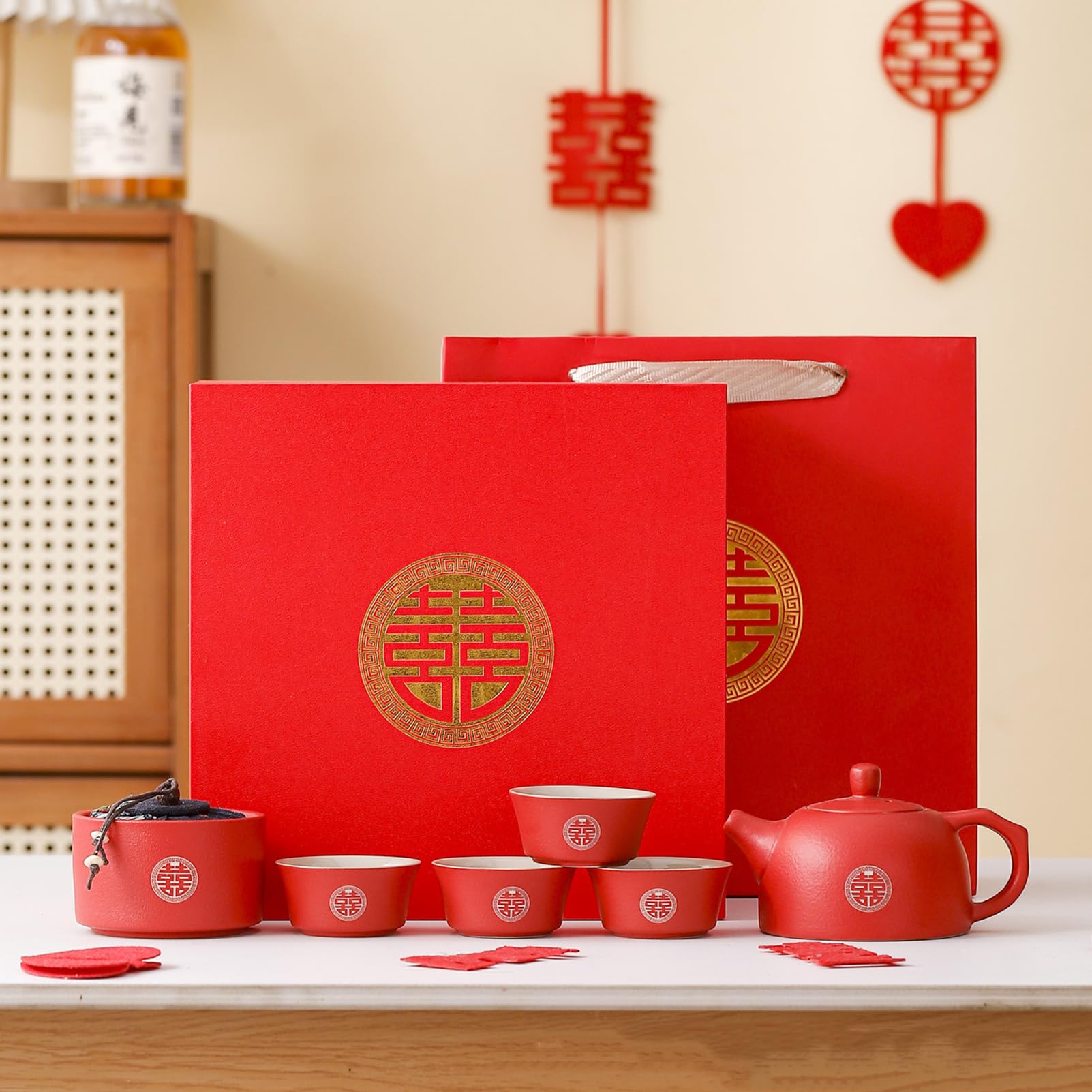 Cadeau de mariage, service à thé chinois double bonheur, rouge, en céramique, fait à la main, 1 théière, 4 tasses, 1 boîte pour les jeunes mariés, les amis, fournitures de décoration de mariage