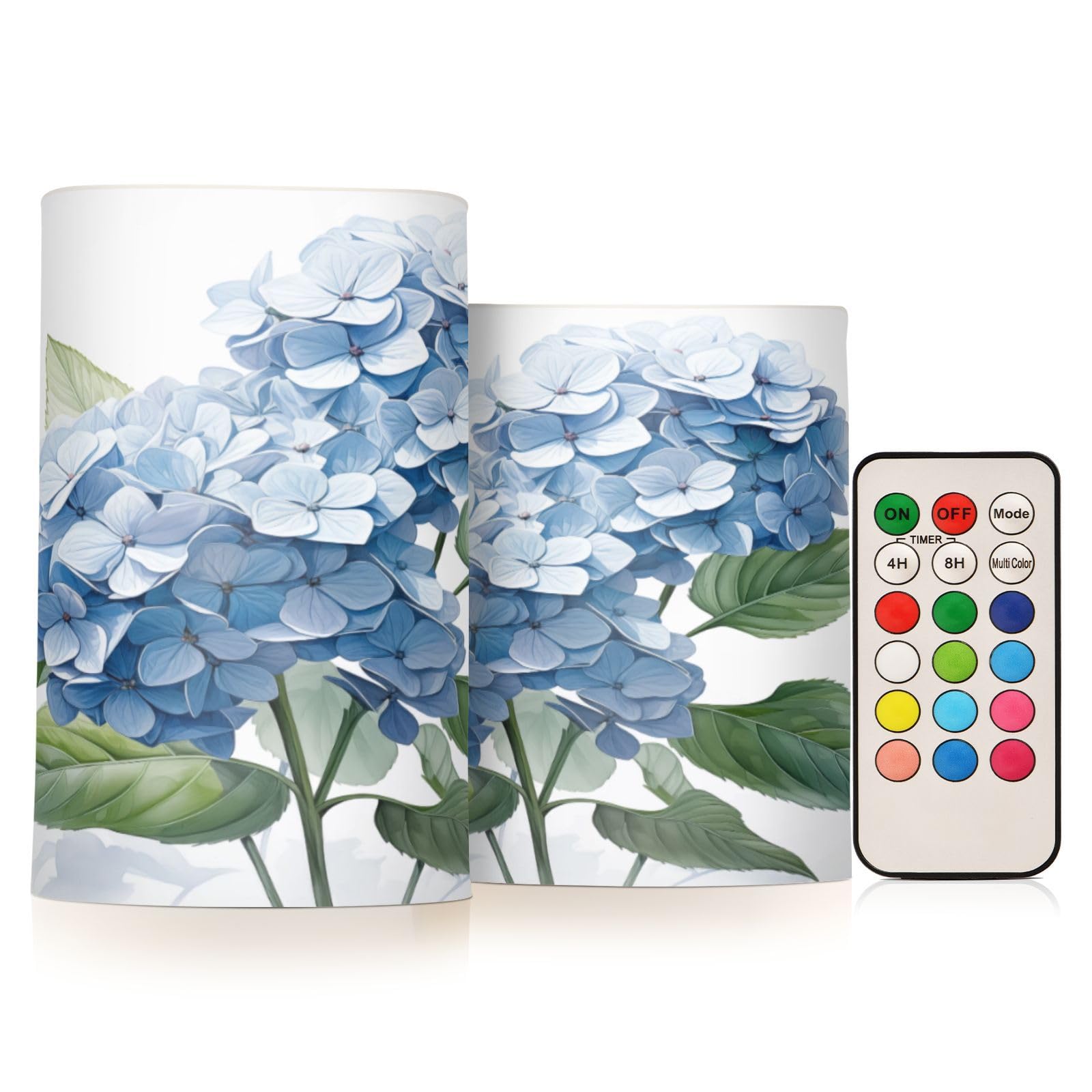 Mnsruu Flickering Flameless Candles Blue Hydrangeas Flower LED Candles with Remote Timer Set of 2 Battery Operated Candle Home Decoration