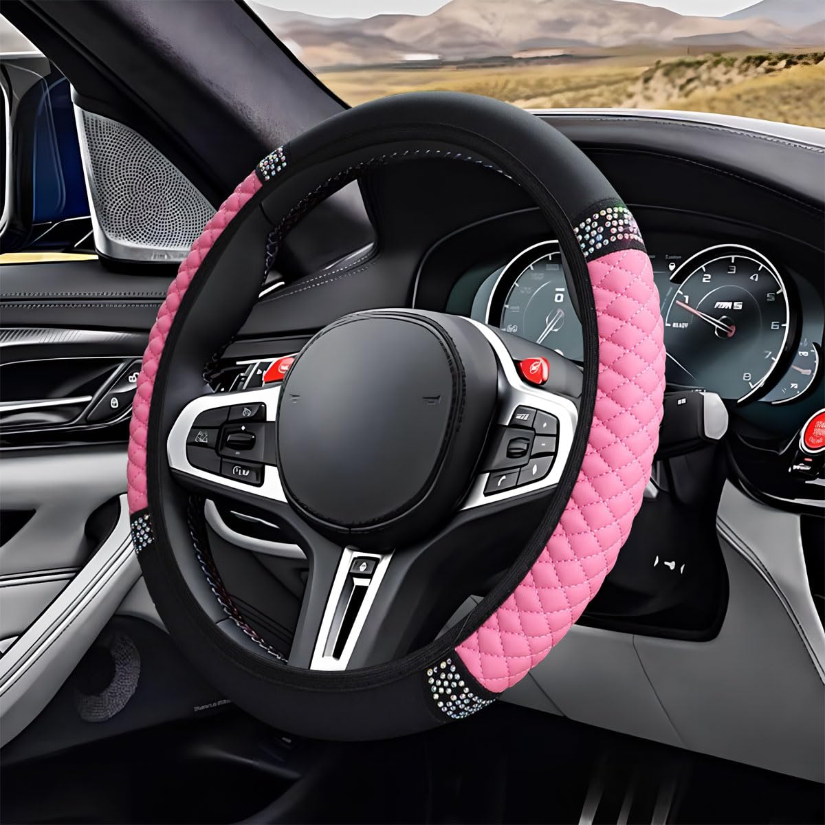 ZIMISI Bling Soft Leather Steering Wheel Cover, 15" Anti-Slip Sparkly Crystal Auto Elastic Steering Wheel Protector for Women Girl, Colorful Diamond Car Interior Accessory for Most Cars (Pink)-image-44