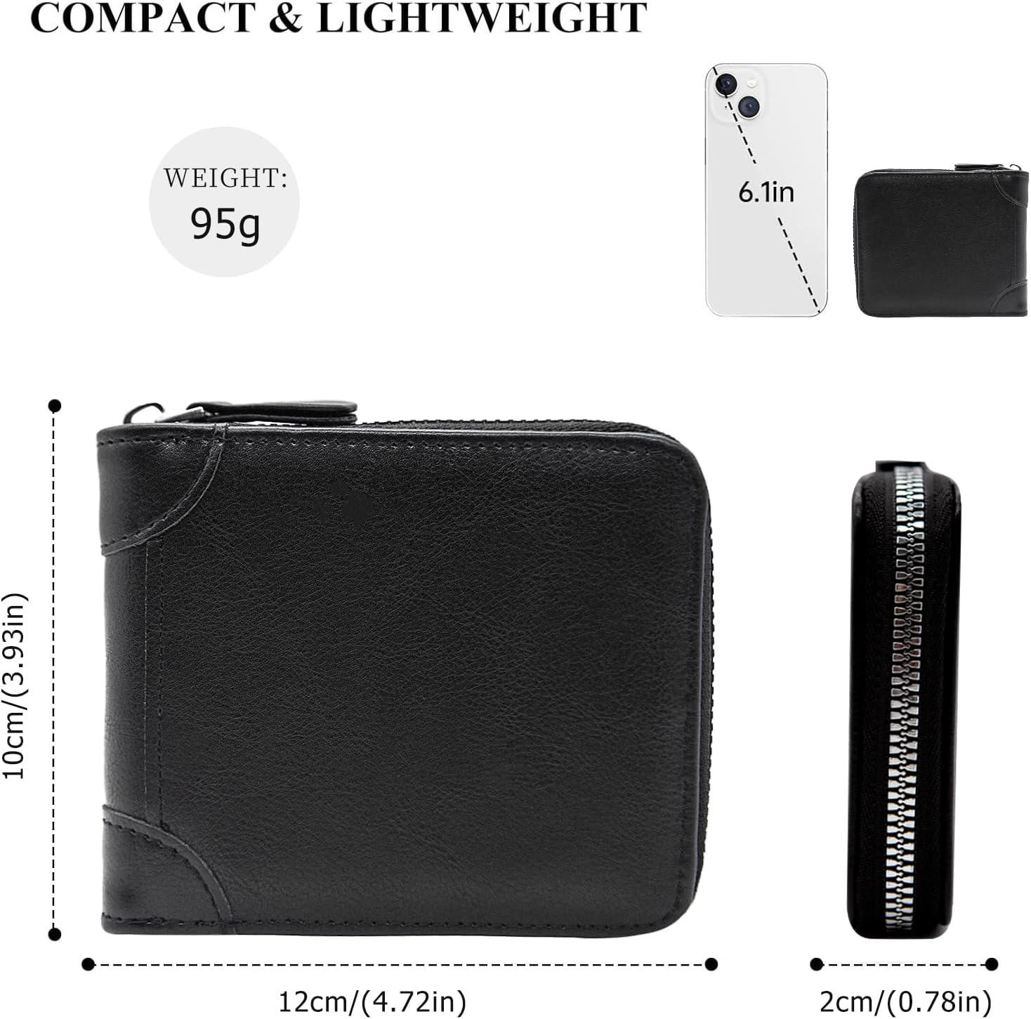 LJCZKA Mens Leather Zipper Wallet RFID Large Capacity Bifold Multi-card Holder Wallets Coin Cash Purse with ID Window (Black) - Image 3