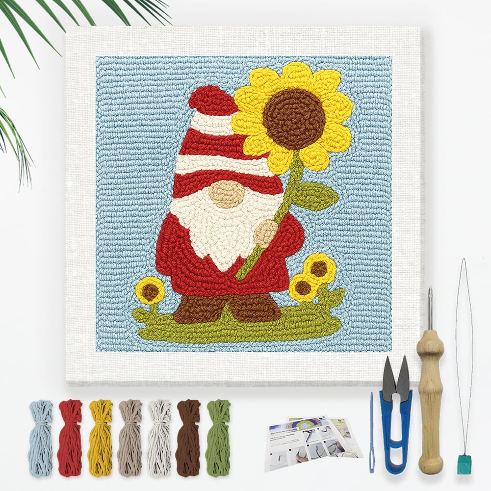 DOODLREAM Floral Gnome DIY Punch Needle Embroidery Kit for Adult Beginner, 24 cm Punch Stitching Craft Set for Starter with Frame, Fabric Pattern, Threader, Yarn, Punch Needle