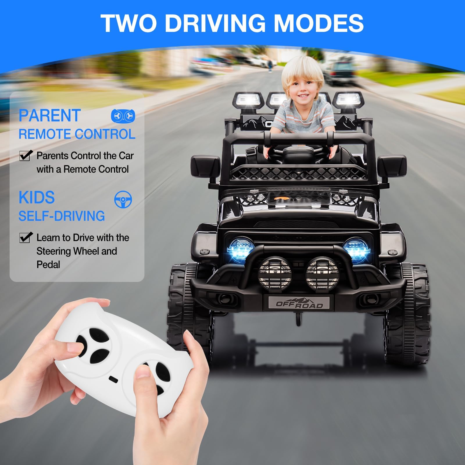 Zstar Coche Eléctrico Infantil de 12V, con Mando Remoto 2,4G Vehículo Jeep Off-Road con Mando Remoto, Lucas LED y Sonido, para Niños 3-6 Años, Regalo Juguete, Negro 102 × 66 × 65 cm