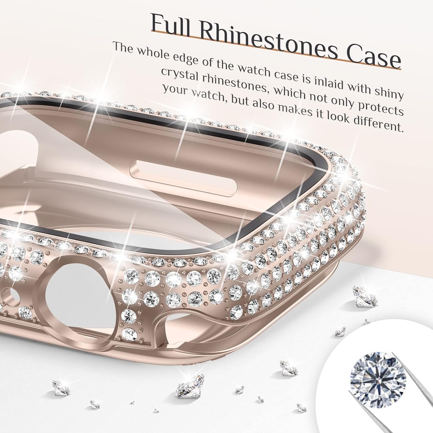 Goton 2 in 1 Bling Waterproof Case & Glitter Thin Band Compatible with Apple Watch 44mm Series 6/5/4/SE(2nd Gen), Women Silicone Strap + iWatch Screen Protector (For 44mm Only)