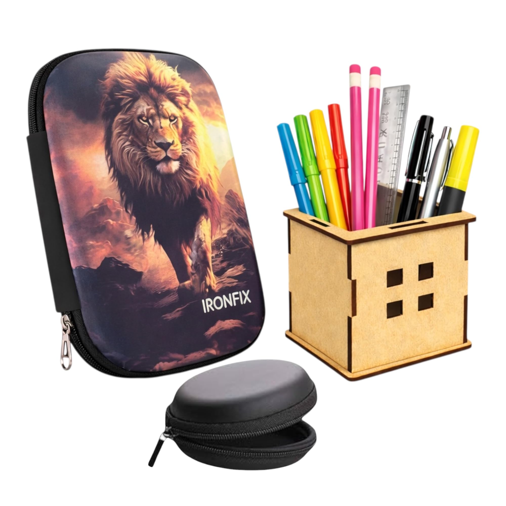 IRONFIX Pencil Case with Wooden Pencil Holder and raund accessiorie Organizer, School Stationery Set, 3 Piece Combo Pencil Pouch Geomatry Box for Boys and Girls (Lion)-image-13