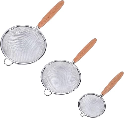 Miniatura 7 de Colador de acero inoxidable con mango largo de madera para colgar en la cocina del oído, filtro de tamiz fino, utensilios de cocina, pequeño