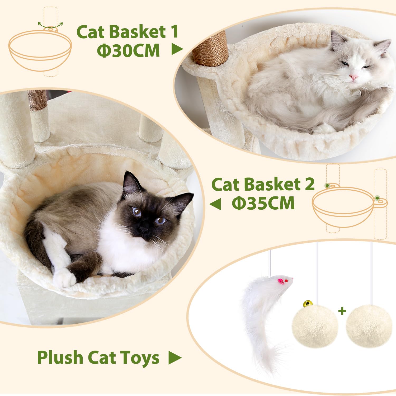 Globlazer Beige Arbol Gatos XXL 204 cm con 2 Grandes Nidos 45 * 30 * 30cm, Inmenso Plataformas Acolchada, Tabla Sisal, 2 Cesta, Estable Esquinero Rascador para Gatos Descansar Rascarse (C80, Beige)