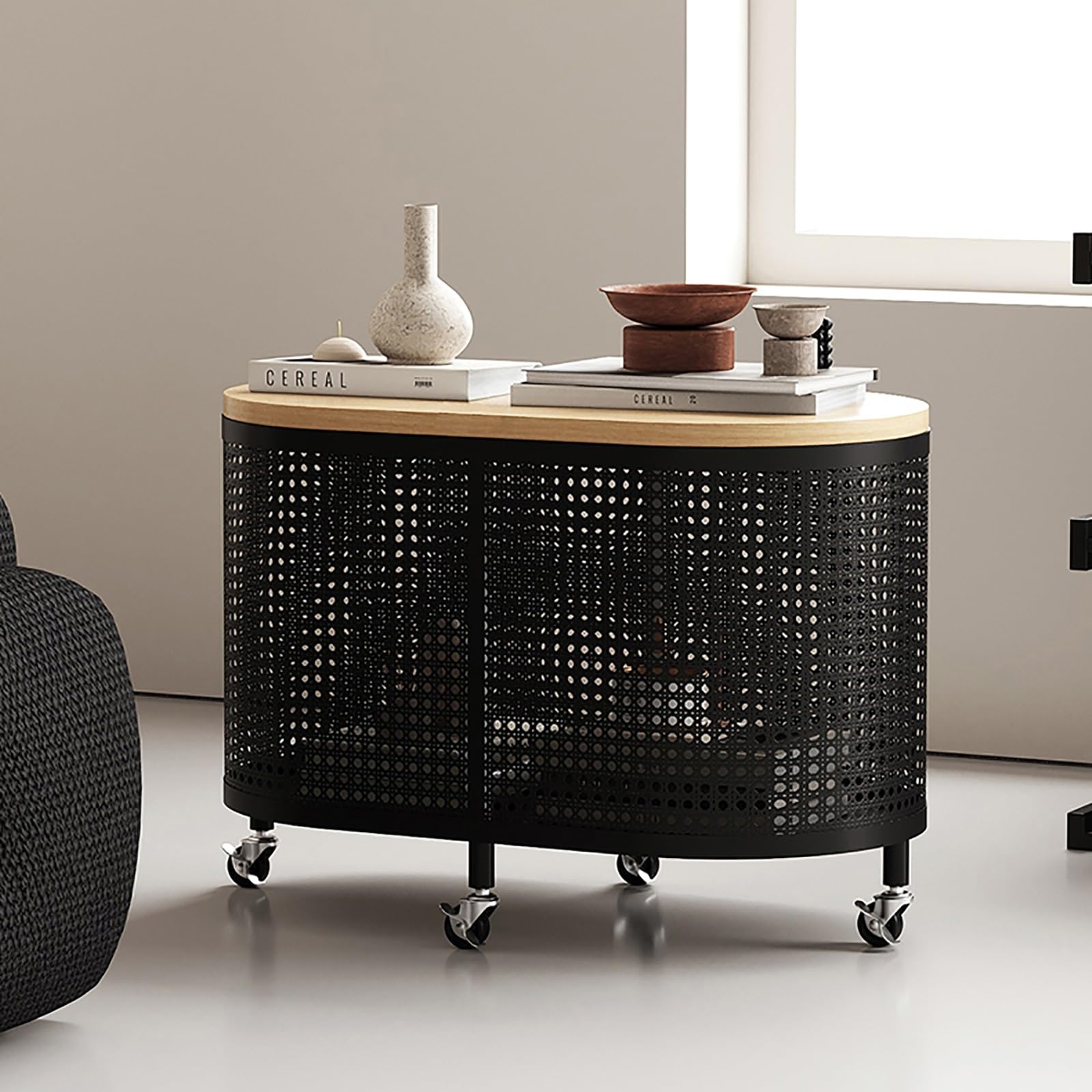 SXZenSpace Rolling End Table with Wheels Oval Shape Solid Wood Sofa Side Large Capacity Couch Cart for Living Room Bedroom(Svart)