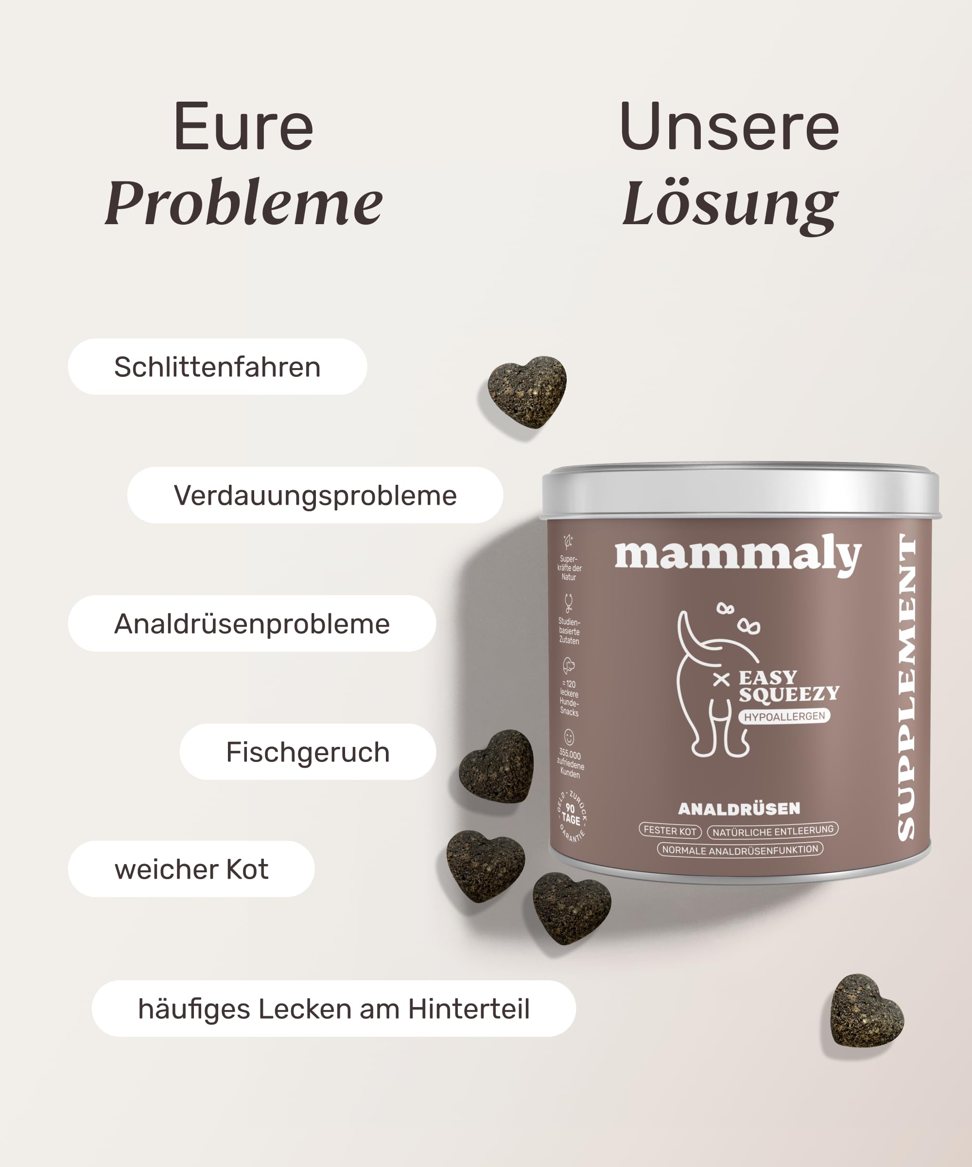 9 in 1 Analdrüsen Leckerli für Hunde mit Ballaststoffen - Easy Squeezy 120 Snacks (350g) von mammaly - gegen verstopfte Analdrüse - für festen KOT und natürliche Analdrüsenentleerung für deinen Hund