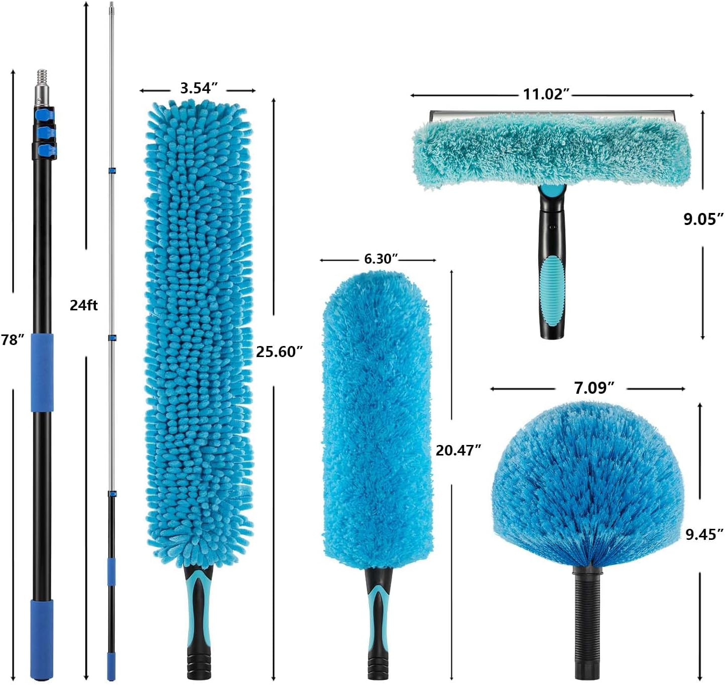 30 foot fan cleaner high ceiling 2 cobweb dusters with heavy duty extension pole, window squeegee kit, household cleaning gloves(24ft)