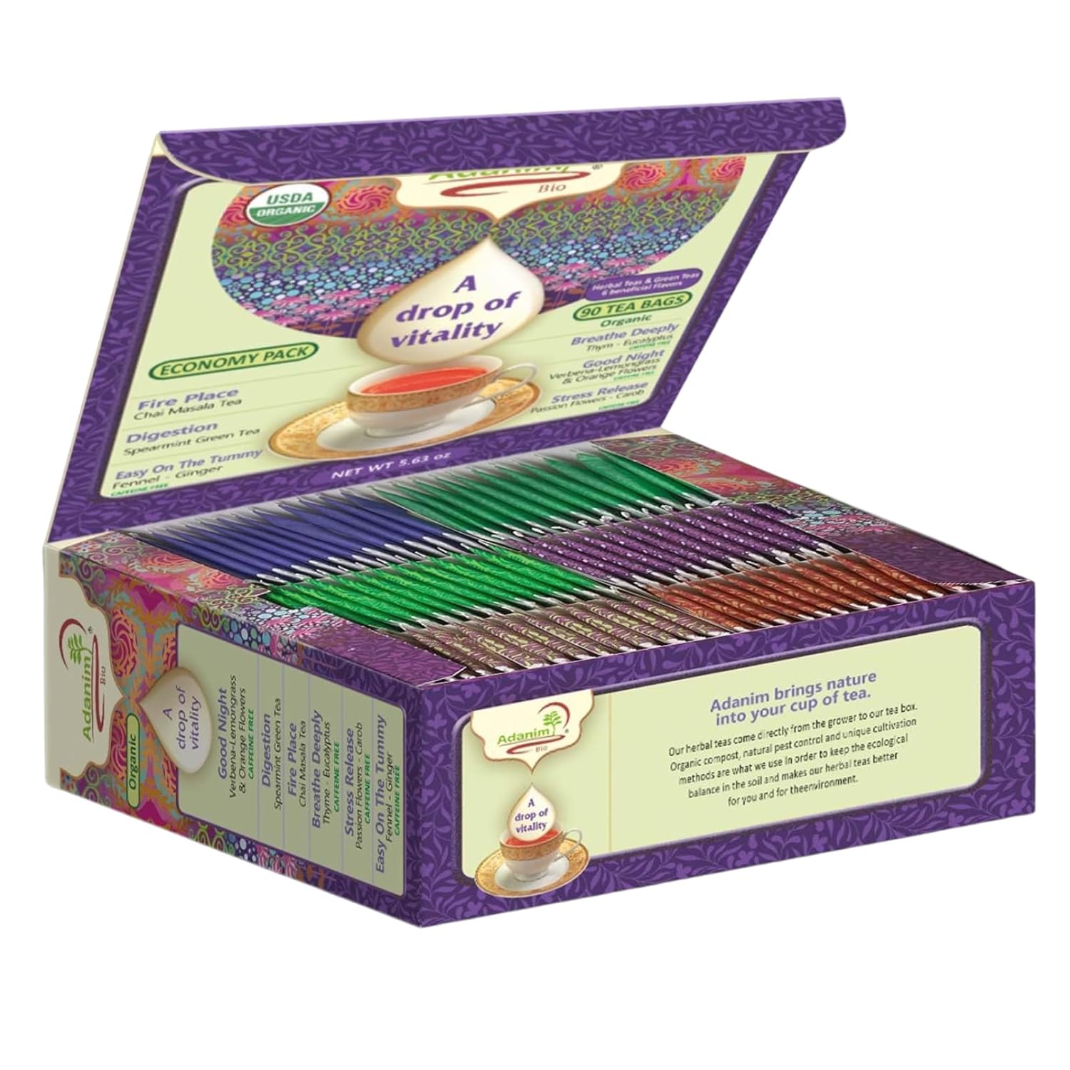 Adanim Bio A Drop of Vitality Organic Tea Sampler Variety Pack Gift Box Assorted Flavors of Green & Herbal Tea Gift Set Assortment 6 Flavors 90 Individually Wrapped Tea Bags Kosher Holiday Gifts