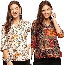 Women's Cotton Printed Short Kurti, Round Neck, Three Quarter Sleeve, Straight Fit, Pack of 2
