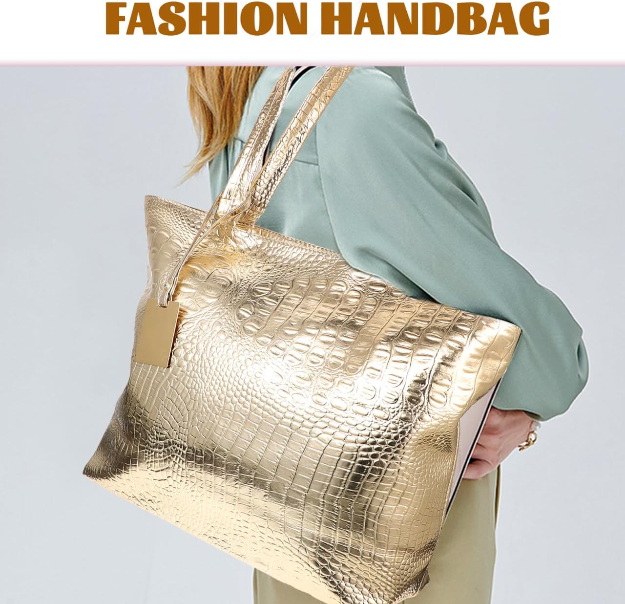 Large Capacity Handbag for Women Stylish Pu Tote Bag for Shopping Work Travel School Versatile Texture Shoulder Bag Gold - Image 2