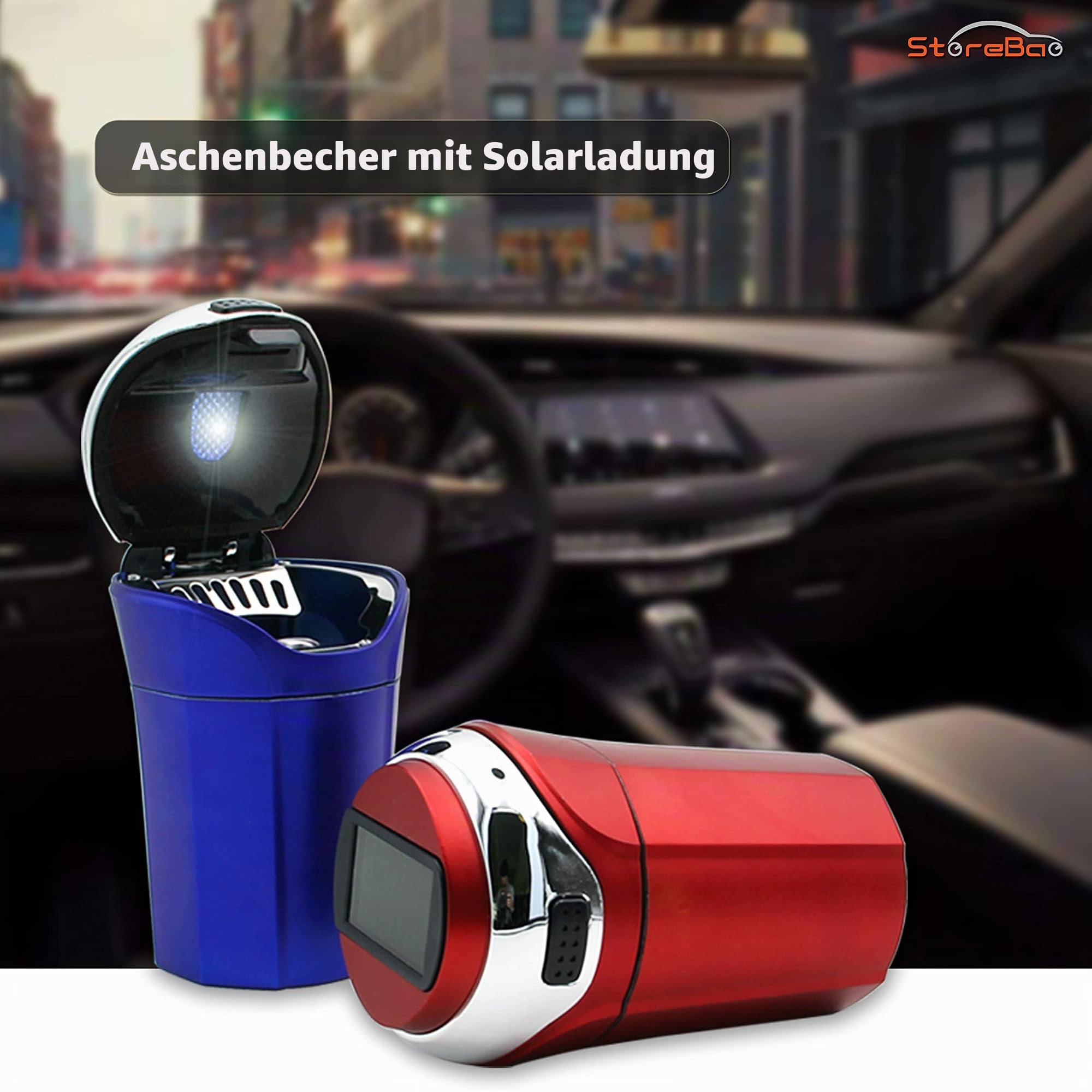 Auto Aschenbecher mit Solar Feuerzeug und LED Licht, kein Aufladen, Abnehmbarer und tragbarer Zigarettenanzünder (Schwarz)