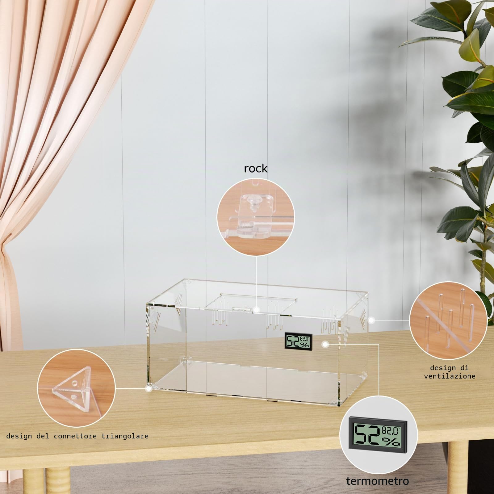 Serbatoio per terrario rettile, per terrario, grande, in acrilico trasparente per rettili e insetti, con temperatura igrometro, ragni terarium, scatola per la coltivazione dei rettili