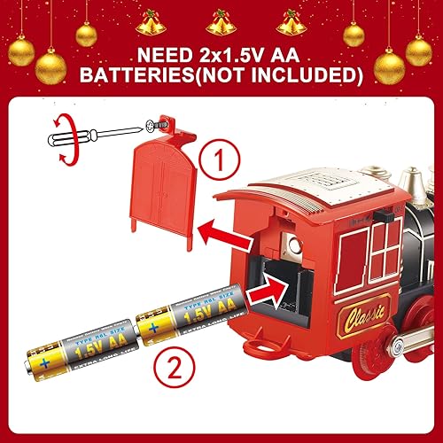 Miniatura 6 de Juego de tren eléctrico de Navidad con luces y sonidos, tren para niños para árbol de Navidad con 3 autos y 10 vías de tren, modelo de tren para