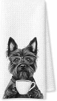 Funny Scottish Terrier Gifts Decorative Hand Towels for Kitchen Coffee Bar, Scottie Dog Gifts for Women Men, Black and White Coffee Scottie Dog Kitchen Dish Tea Towels, 16x24 Inch