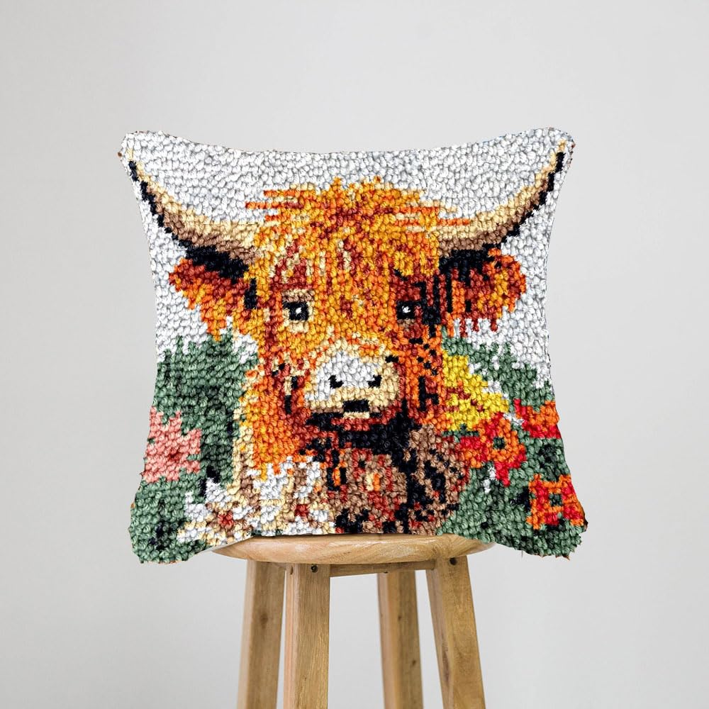JILIP Latch Hook Kits for Adults, Highland Cow Embroidery Art Kits, Animal Embroidery Kits, 17 * 17" DIY Pillowcase Hook and Latch Kit(Color:Eyes Open Style)