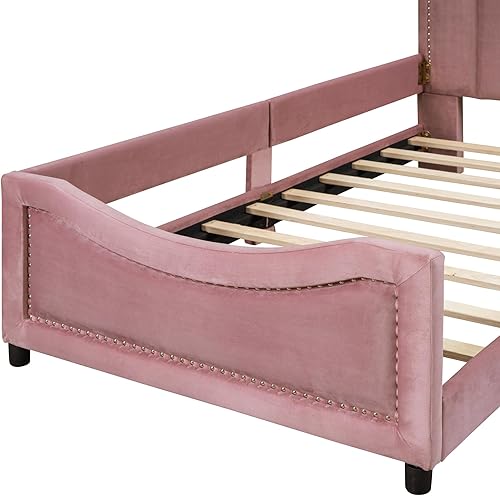 Miniatura 8 de Sofá cama tapizado tamaño individual, bonito sofá cama de cuero de terciopelo con cabecera clásica en forma de rayas, base de cama de madera para