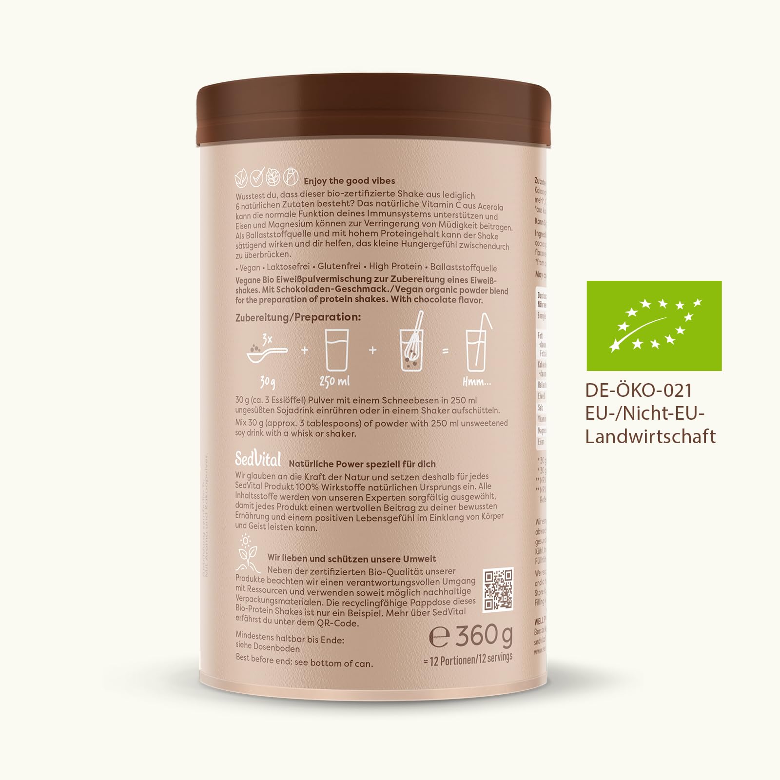 SEDVITAL Bio Protein Pulver vegan - mit Vitamin C, Magnesium und Eisen, laktose- & glutenfrei, Ballaststoffquelle, Schoko Geschmack für Immunsystem und Energie 360 g