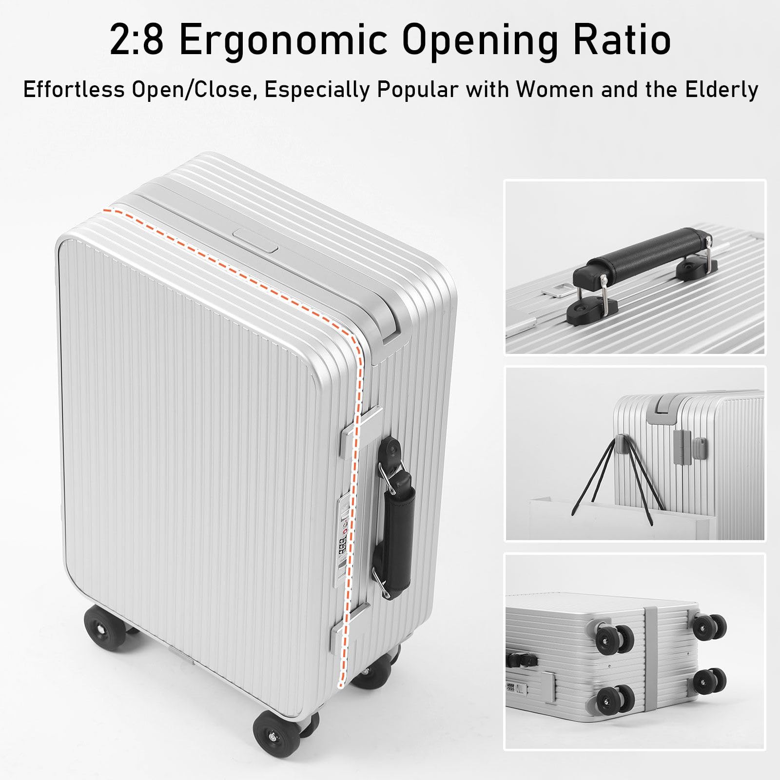 LEOVEN Valigia Trolley Rigido, 2:8 Apertura, LS-0762 Premium Bagaglio a Mano in Alluminio, Fodera Rinforzata, Manico Telescopico più Ampio, Serratura TSA, Universale Silenziosa, Design Ammortizzante