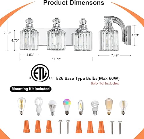 Miniatura 9 de Refice Lámpara de tocador de baño de cristal de 3 luces, accesorios modernos para baño, apliques de pared con acabado de latón cepillado dorado