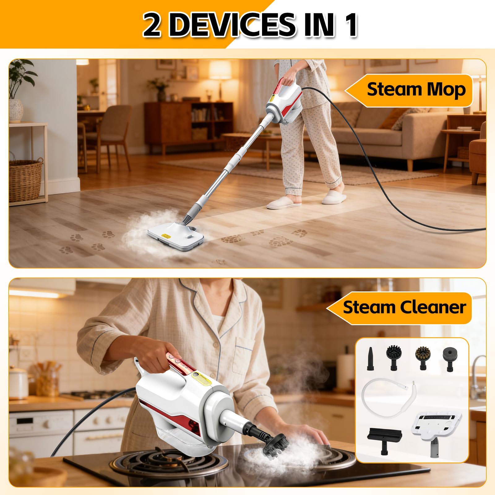 Limpiador de vapor multifuncional y mopa – 99,9% de desinfección, mopa a vapor con 3 niveles de vapor, depósito de agua de 300 ml, para suelos duros y alfombras, 1500 W (blanco)