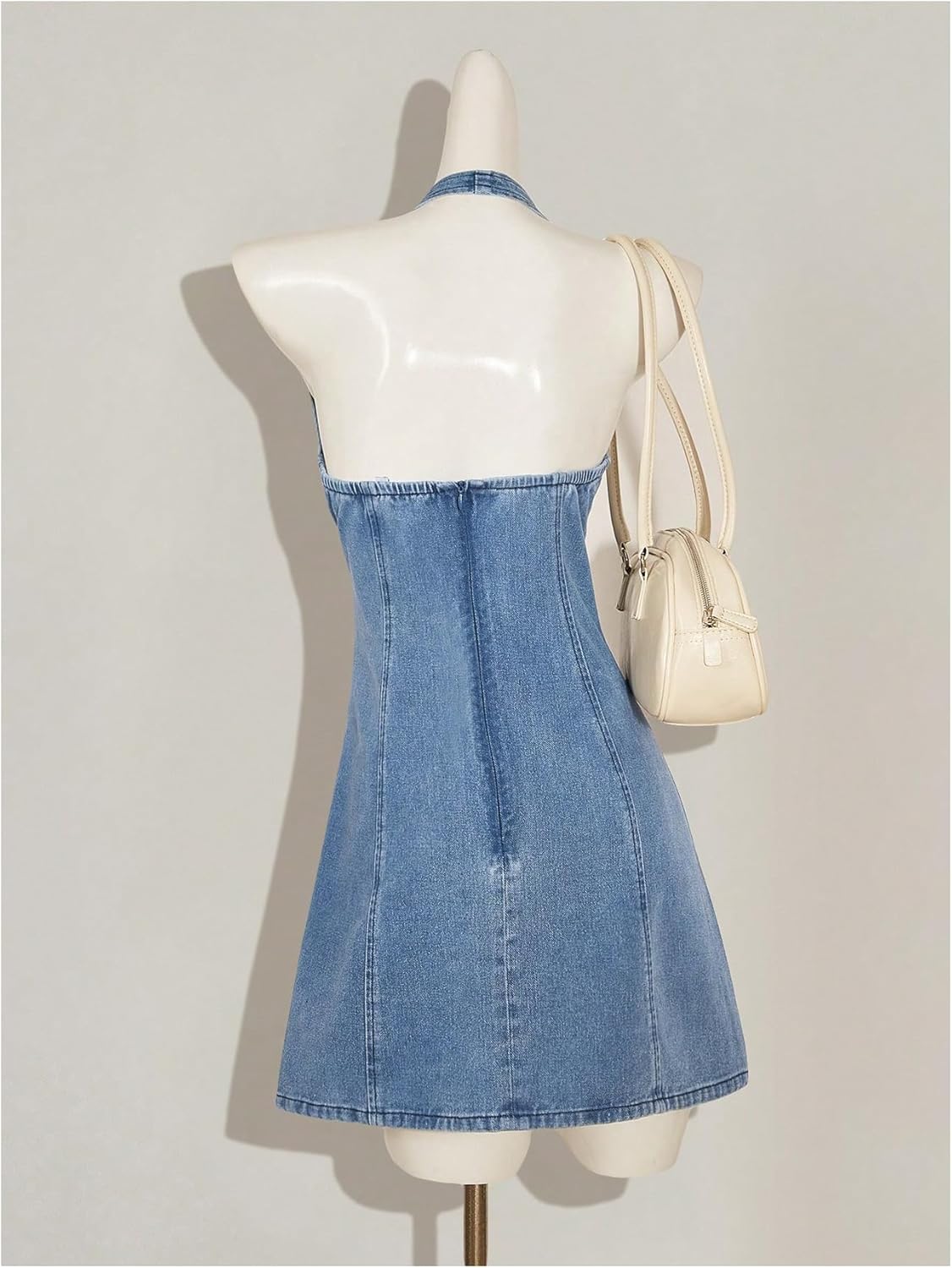 WDIRARA Women's Bow Halter Mini Jean Dress Lace Trim Sleeveless Backless Denim Dresses - Image 3