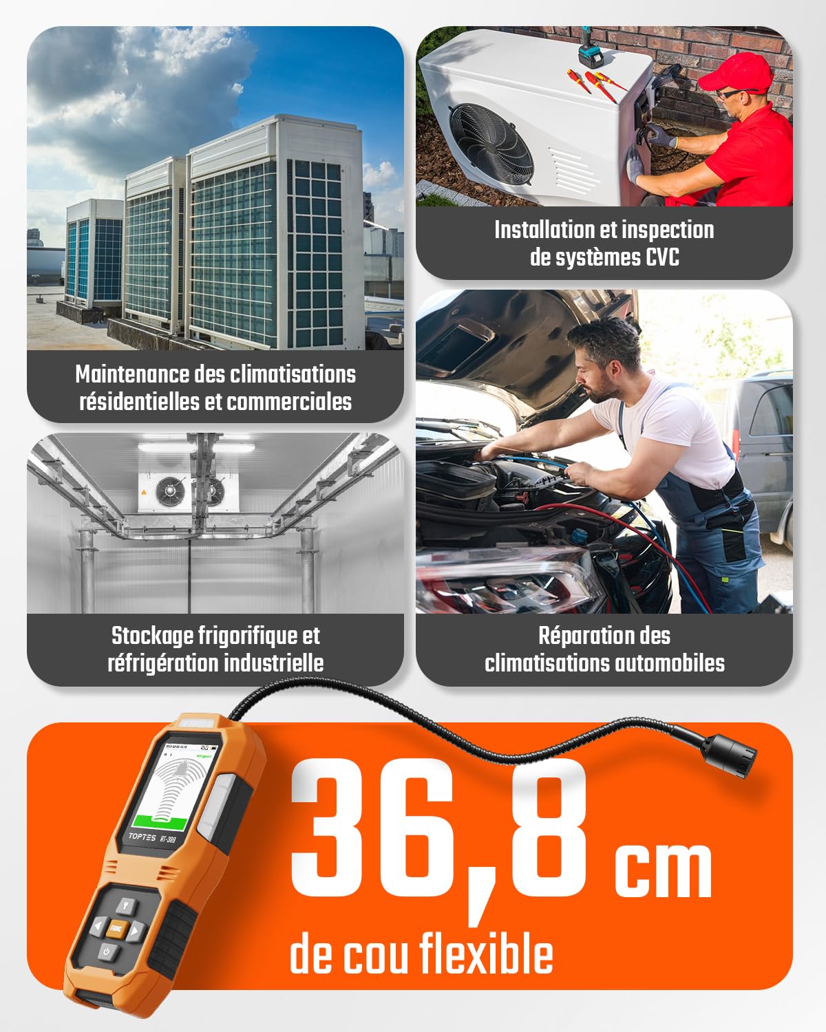 TOPTES RT-389 Détecteur de Fuite de réfrigérant Rechargeable, détecteur de Fuite de fréon avec 3 sensibilité et 3 Types d'alarme, pour CFC,HCFC,HFC,HFO,HC pour Automobile, Maison Industrie – Orange