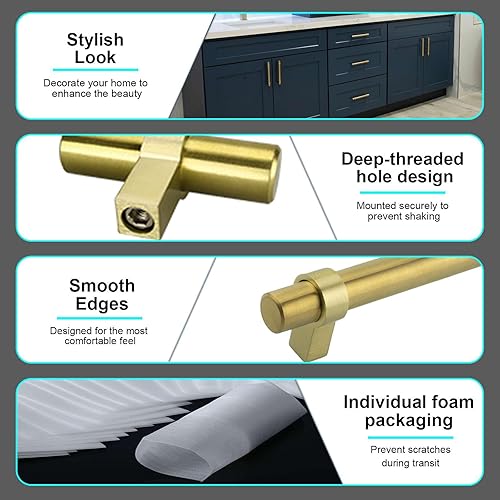 Miniatura 4 de Modket Paquete de 5 manijas estilo barra europea de oro cepillado para gabinete, acero inoxidable 304, longitud total de 11-34 pulgadas, centros de