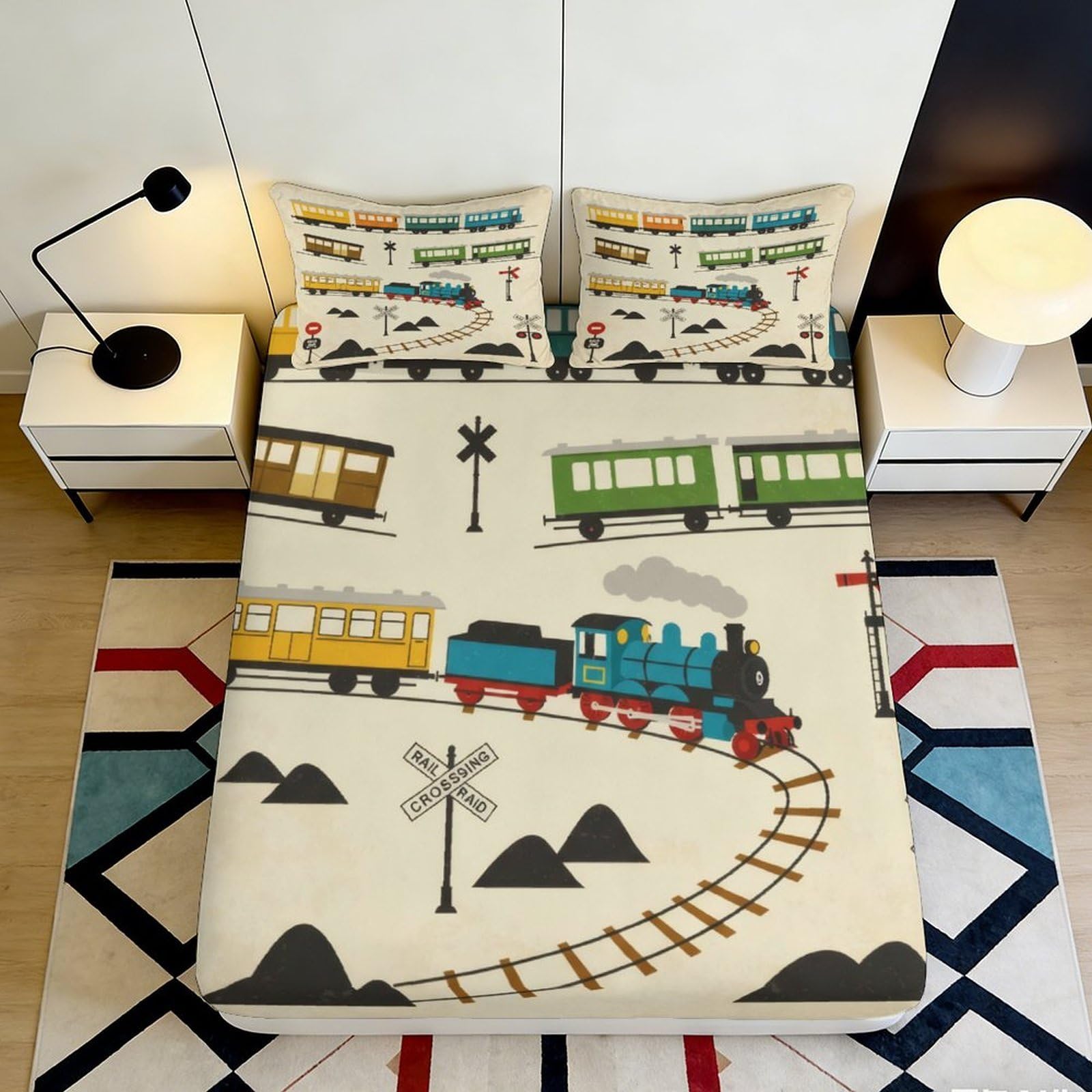 3D Printed Cartoon Train Fitted Sheet Microfiber Soft Breathable Railway Bed Cover for Bedroom Guest Room Decor 90x200x25cm