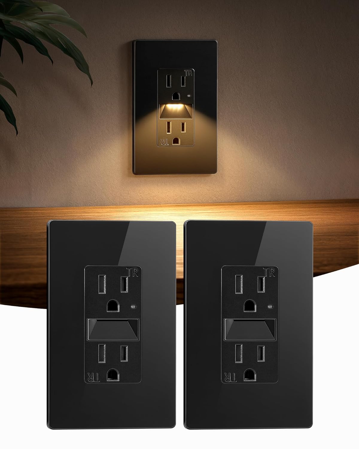 SURAIELEC 15A Night Light Wall Receptacle, Dusk-to-Dawn Guide Light, 3000K Warm White LED Light, Tamper-Resistant Electrical Outlet with Screwless Wall Plate, ETL Listed, Black, 2 Pack