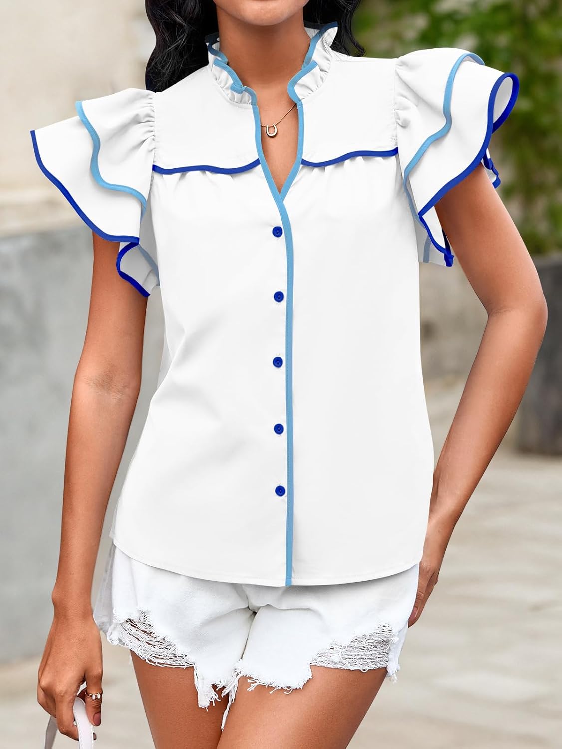 Tankaneo Womens Ruffle Short Sleeve Blouse V Neck Button Down Shirts Color Block Trendy Casual Tops - Image 4