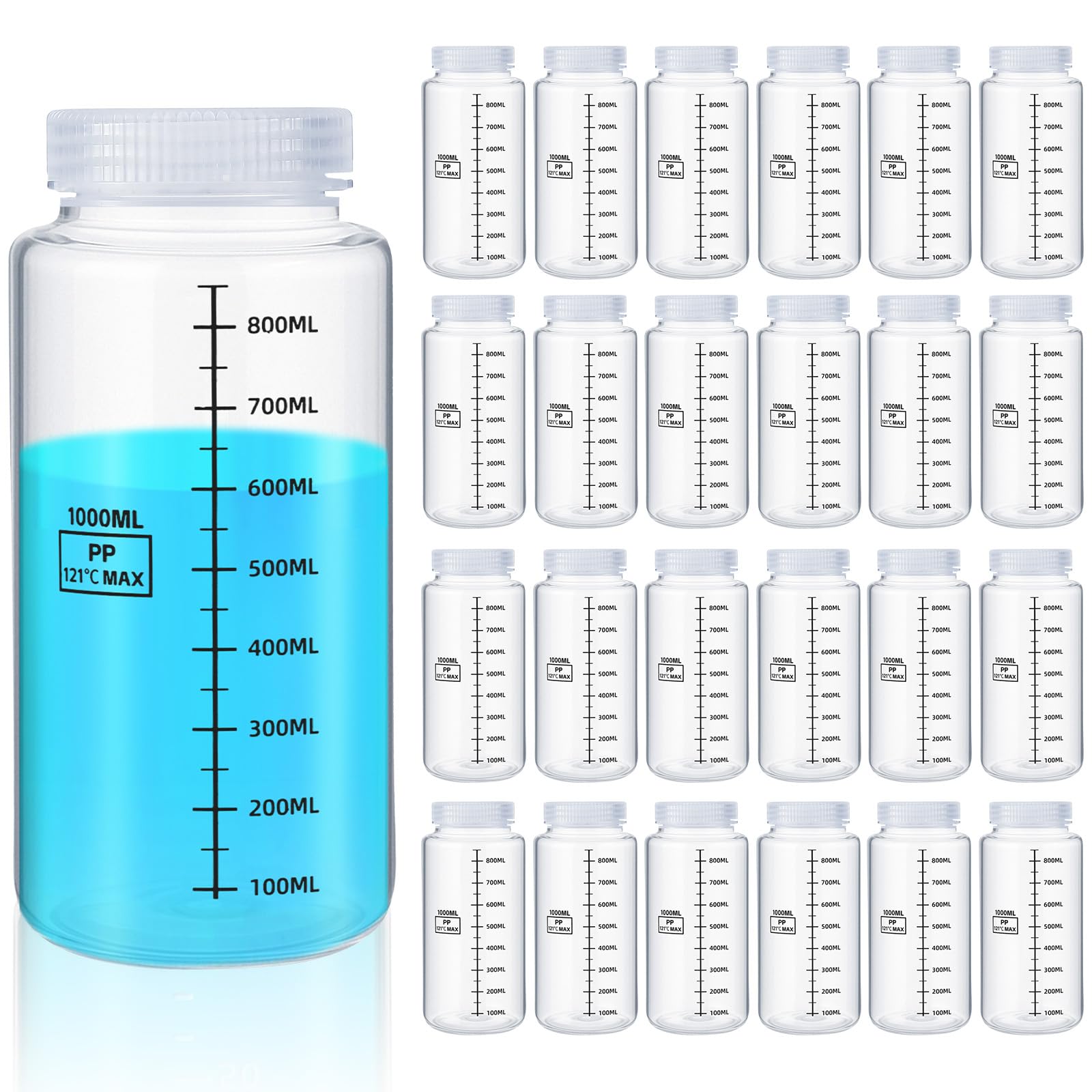 Tatuo 24 Pcs 34oz 1000ml Polypropylene Plastic Sample Bottles with Screw Caps Sample Containers with Lid for Liquids, Reagent, Pill, Travel,