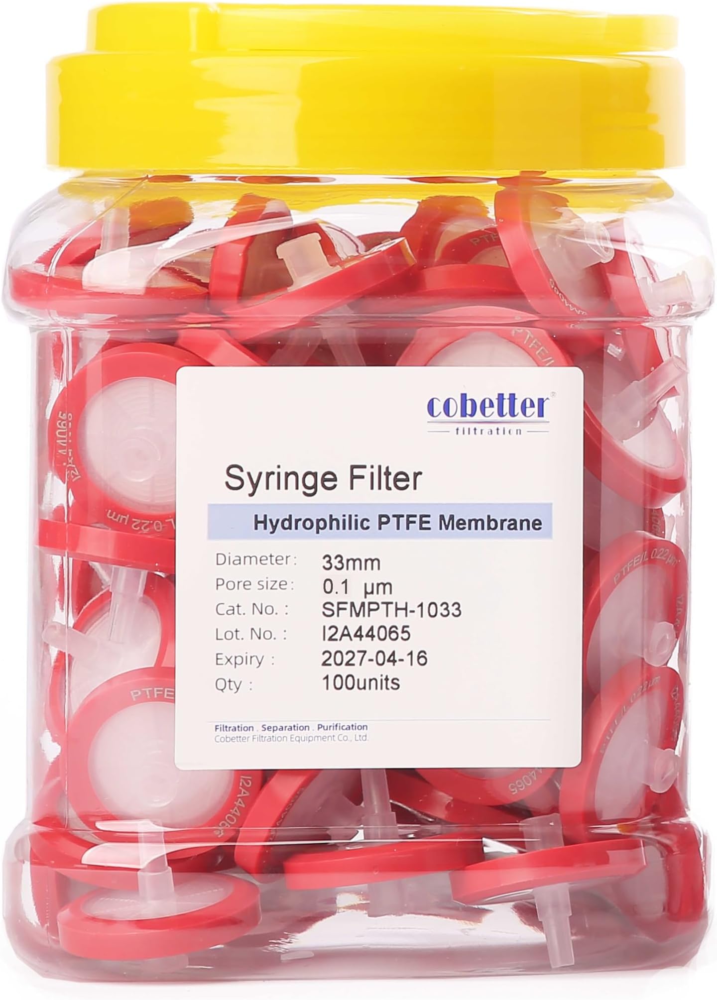 100 Pack Syringe Filter PTFE hydrophilic Lab Filters 0.1μm Pore Size 33mm Diameter Filtration Non-sterile Red