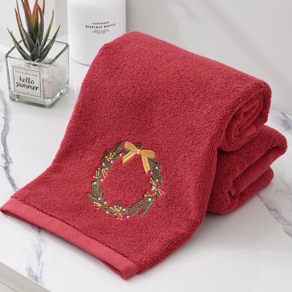 Red Hand Towel Set of 2 Christmas Wreath Embroidered Design Luxury Hand Towel for Bathroom Ultra Soft 100% Cotton Absorbent Winter Holiday Home Party Elegant Wreath Welcome Decor 13" X 29" - Image 3