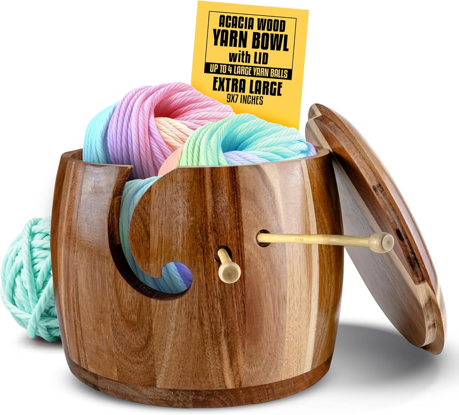 Tyck Design's Large Wooden Yarn Bowl with Lid - 9x7 Inch XL Acacia Wood Holder for Knitting, Crocheting & Macrame - Extra Big & Strong Yarn Storage