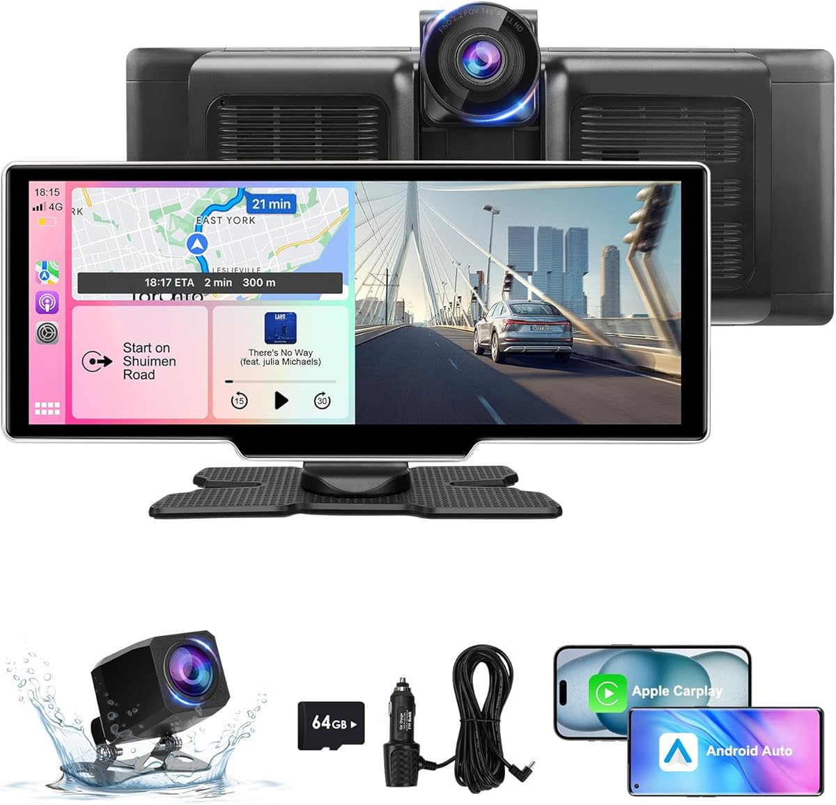 10.26" Wireless Carplay Screen for Car with 4K Dash Cam | Portable Car Play &amp; Android Auto Touch Screen, 1080p Backup Camera, Mirror Link, Voice Control, GPS Navigation | for All Cars