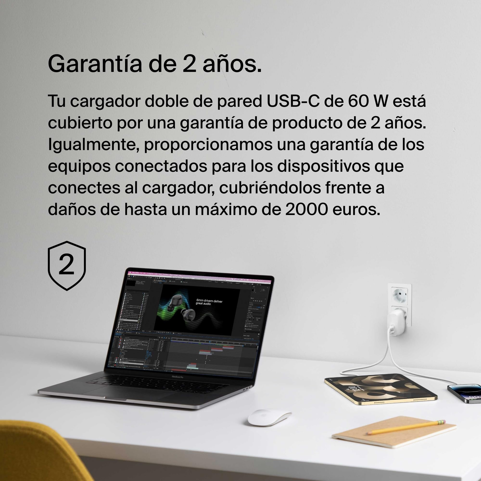 Belkin BoostCharge Cargador de Pared Doble USB-C PPS 60W, Carga Rápida | Enchufe USB PPS, Samsung, Pixel y iPhone, 2 Puertos USB-C 30W, Diseño Compacto para Viajar, Compatibilidad Universal
