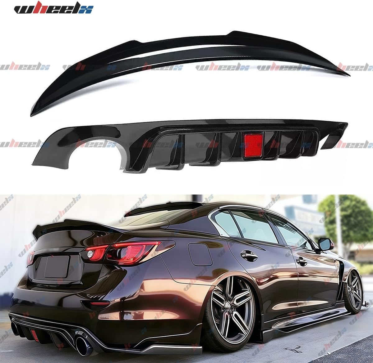 Duckbill Rear Spoiler & Rear Diffuser Compatible with Infiniti Q50 2018-2024 Sedan, Glossy Black Sport Style Trunk Wing Lip and Rear Bumper Splitter Kit